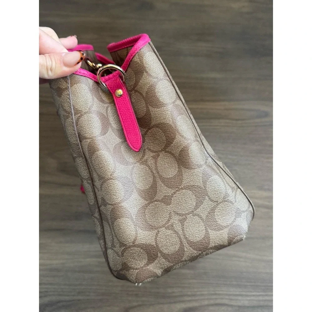 Authentic COACH Signature Shoulder Hand Bag Leather Brown‎ Pink